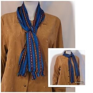 Ethnic Mexican Turquoise Rainbow Striped Woven Fringe Lightweight Fiesta Scarf